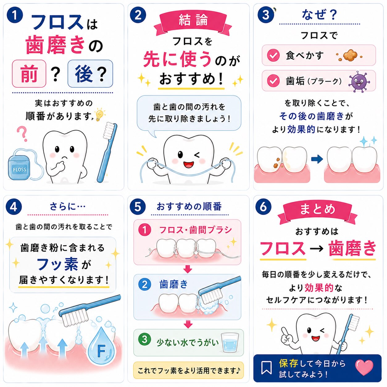 「フロスって歯磨きの前？それとも後？」